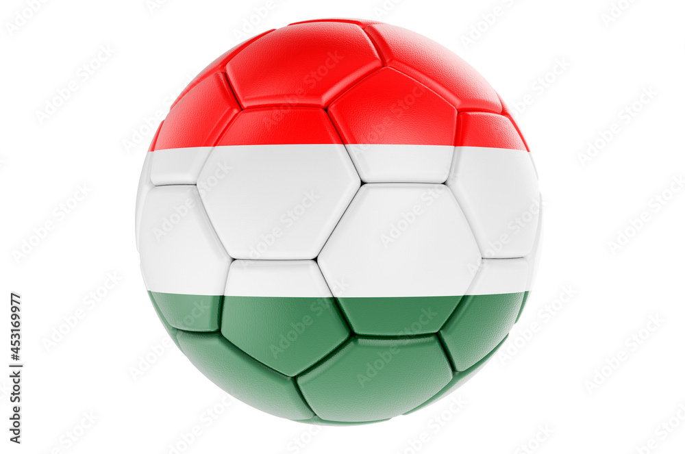 Soccer ball or football ball with Hungarian flag, 3D rendering Soccer ball or football ball with Hungarian flag, 3D rendering
