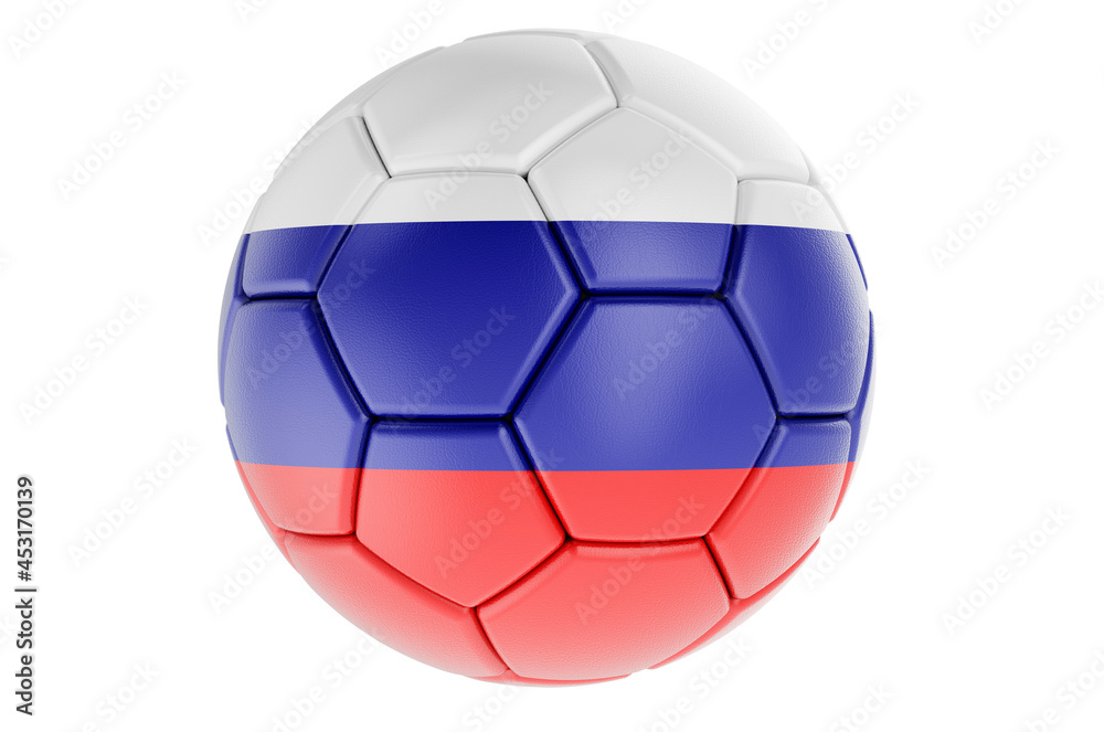 Soccer ball or football ball with Russian flag, 3D rendering Soccer ball or football ball with Russian flag, 3D rendering