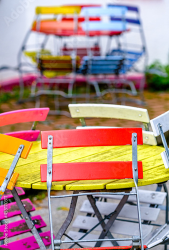 colorful folding chairs at a beergarden