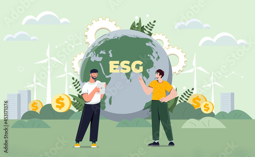 Taking care of environmental condition ESG. Scientists have discovered alternative energy sources. Preserving resources of planet. Cartoon modern flat vector illustration isolated on green background