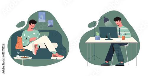 Remote work in quarantine concept. Man working on laptop home. Freelancer on couch or at workplace. Set of characters on distance learning. Cartoon flat vector collection isolated on white background
