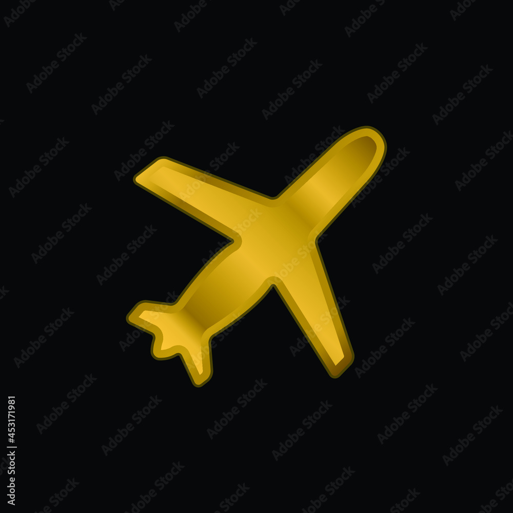 Airplane Black Shape Ascending Rotated To Right gold plated metalic icon or logo vector