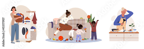 Hard housework set. Collection of women washing clothes and dishes and playing with young children. Tired female characters at home. Cartoon flat vector illustrations isolated on white background