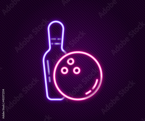 Glowing neon line Bowling pin and ball icon isolated on black background. Sport equipment. Colorful outline concept. Vector