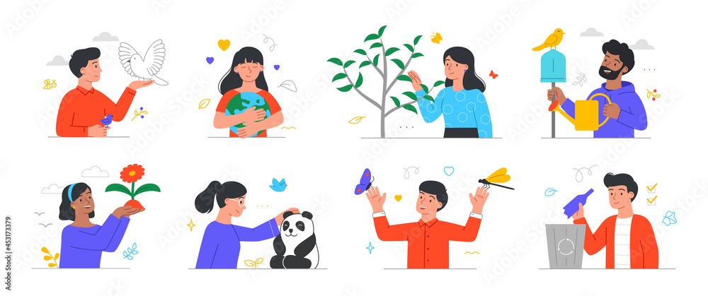 Collection of characters who care about nature. Men and women protect plants and animals. Recycling of waste. Conservation of flora and fauna. Cartoon flat vector set isolated on white background