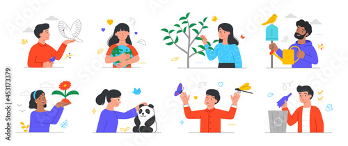 Collection of characters who care about nature. Men and women protect plants and animals. Recycling of waste. Conservation of flora and fauna. Cartoon flat vector set isolated on white background