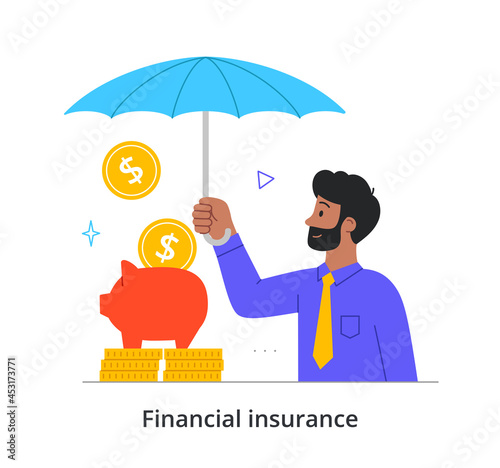 Property and capital insurance. Man with umbrella stands over piggy bank with coin. Metaphor for protecting against risk of losing saving. Cartoon flat vector illustration isolated on white background