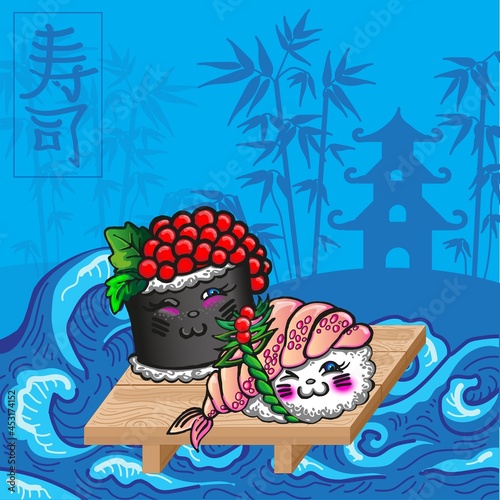 Cute sushi nigiri roll with caviar and shrimps on a wooden stand. Hieroglyphs stand for sushi. Background in Japanese style on the sea wave. Bamboo and pagoda in the background ..