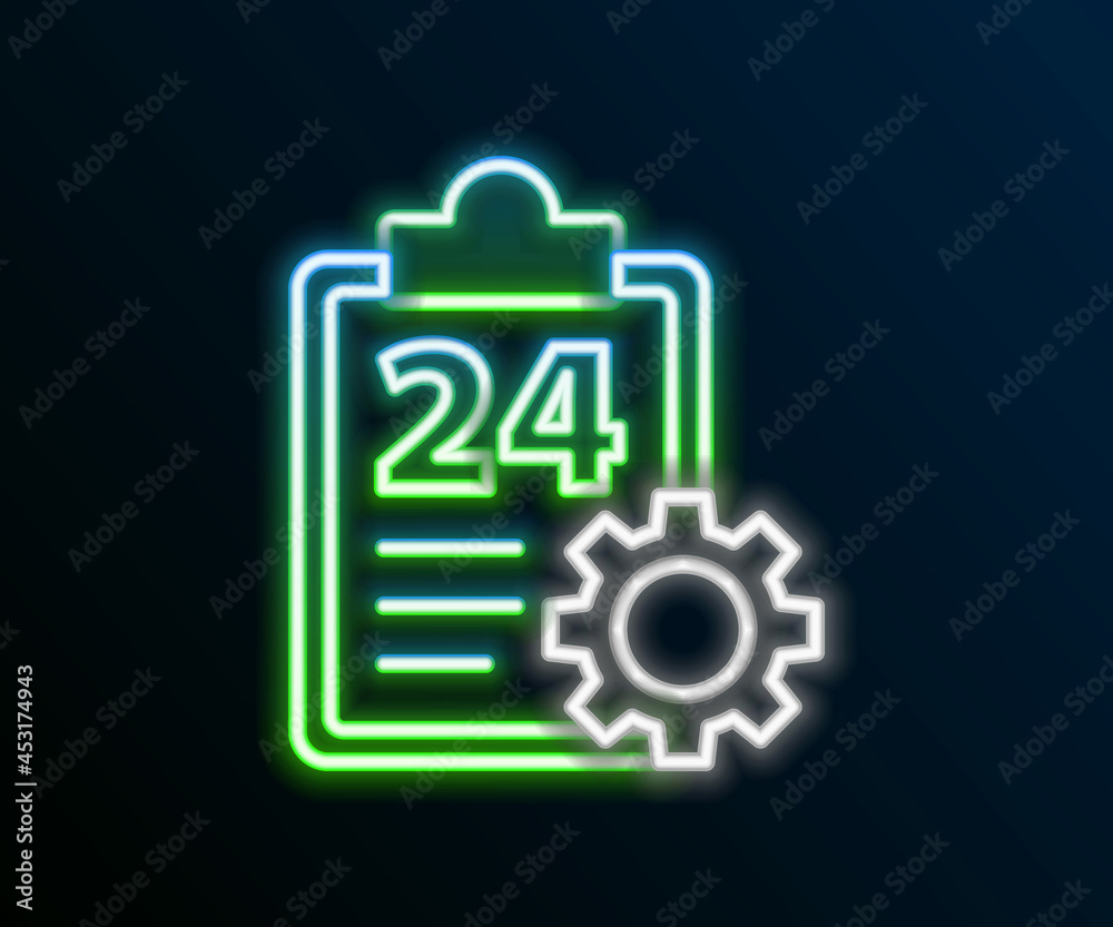 Glowing neon line Checklist clipboard with 24 hours service icon isolated on black background. Colorful outline concept. Vector