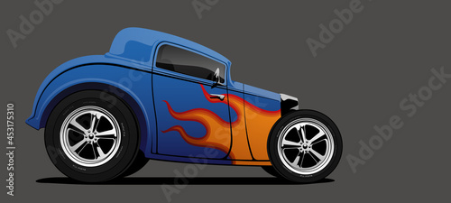 Blue hot rod with flames on side, view from side. Vector illustration. 