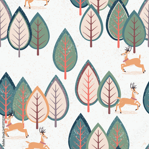 Holiday Reindeer running through a woodland scene. Textured snow and stylized trees make this repeating vector pattern charming and unique. Perfect for a festive background or surface design.