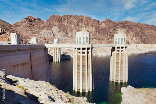View of the Hoover Dam with intake towers, Nevada, USA