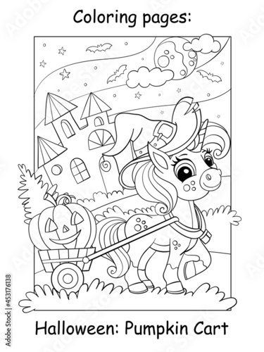 Coloring book page cute unicorn driving Halloween pumpkin