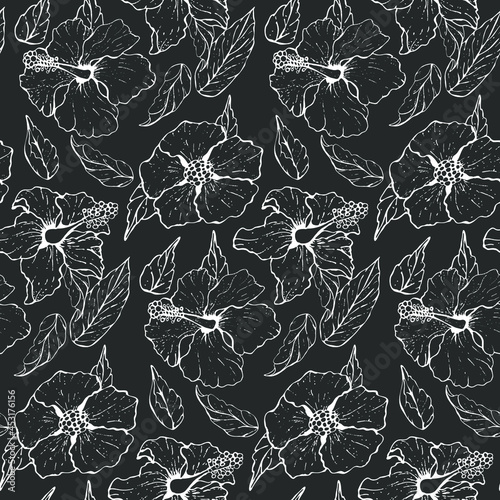 Seamless pattern. Hibiscus, buds and leaves, with a white outline. Against a dark background. Stock vector illustration.
