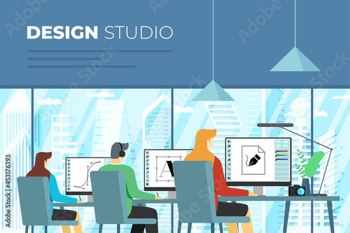 Creative design studio banner. Professional designers work on computers in office interior. Outside window modern city skyscrapers. Open space workplaces. Creators collaboration eps illustration