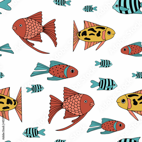 Seamless pattern with various abstract fish. Underwater sea world. For textiles, posters, or a print for children's clothing