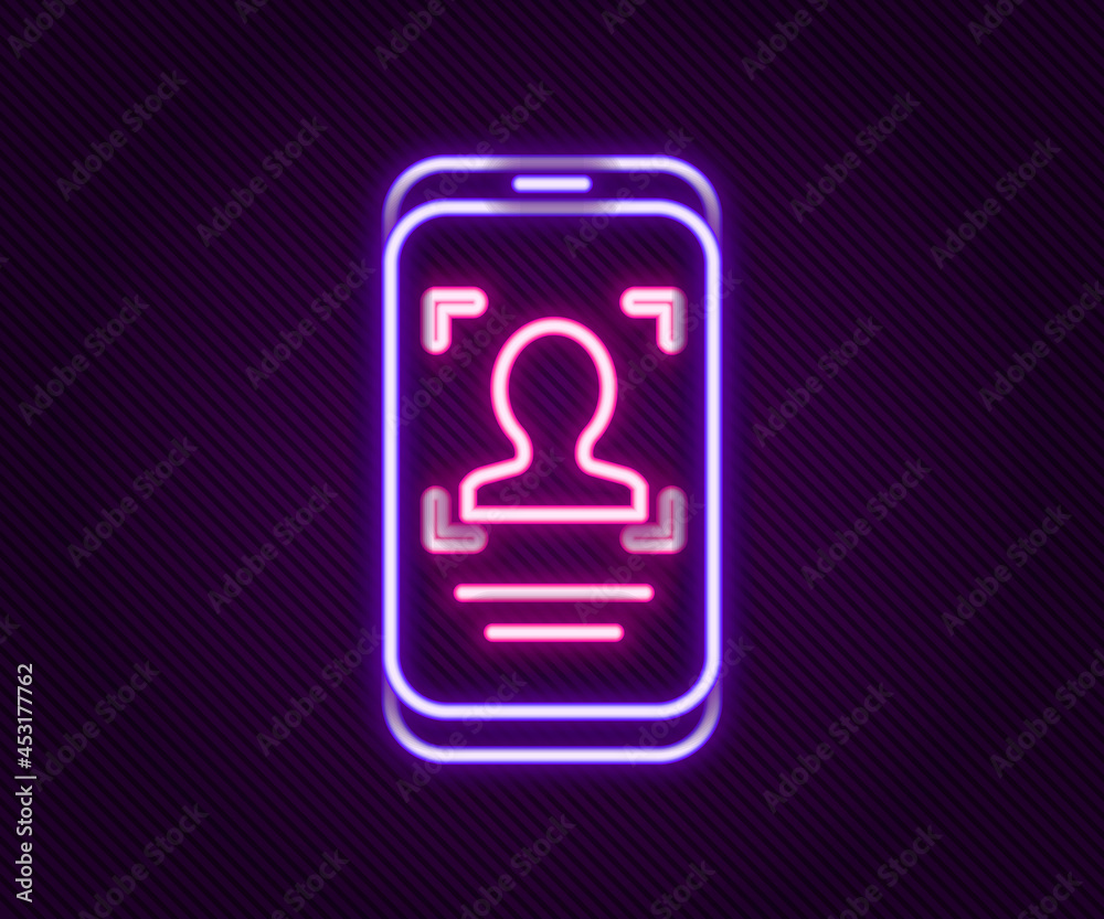 Glowing neon line Mobile phone and face recognition icon isolated on black background. Face identification scanner icon. Facial id. Cyber security. Colorful outline concept. Vector Glowing neon line Mobile phone and face recognition icon isolated on black background. Face identification scanner icon. Facial id. Cyber security. Colorful outline concept. Vector