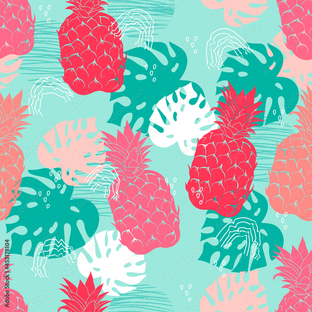 Tropical summer print or seamless pattern with  pineapples, vector illustration. Summer  pineapples fruits in decorative endless repeatable exotic print design for textile.