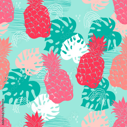 Tropical summer print or seamless pattern with  pineapples, vector illustration. Summer  pineapples fruits in decorative endless repeatable exotic print design for textile.