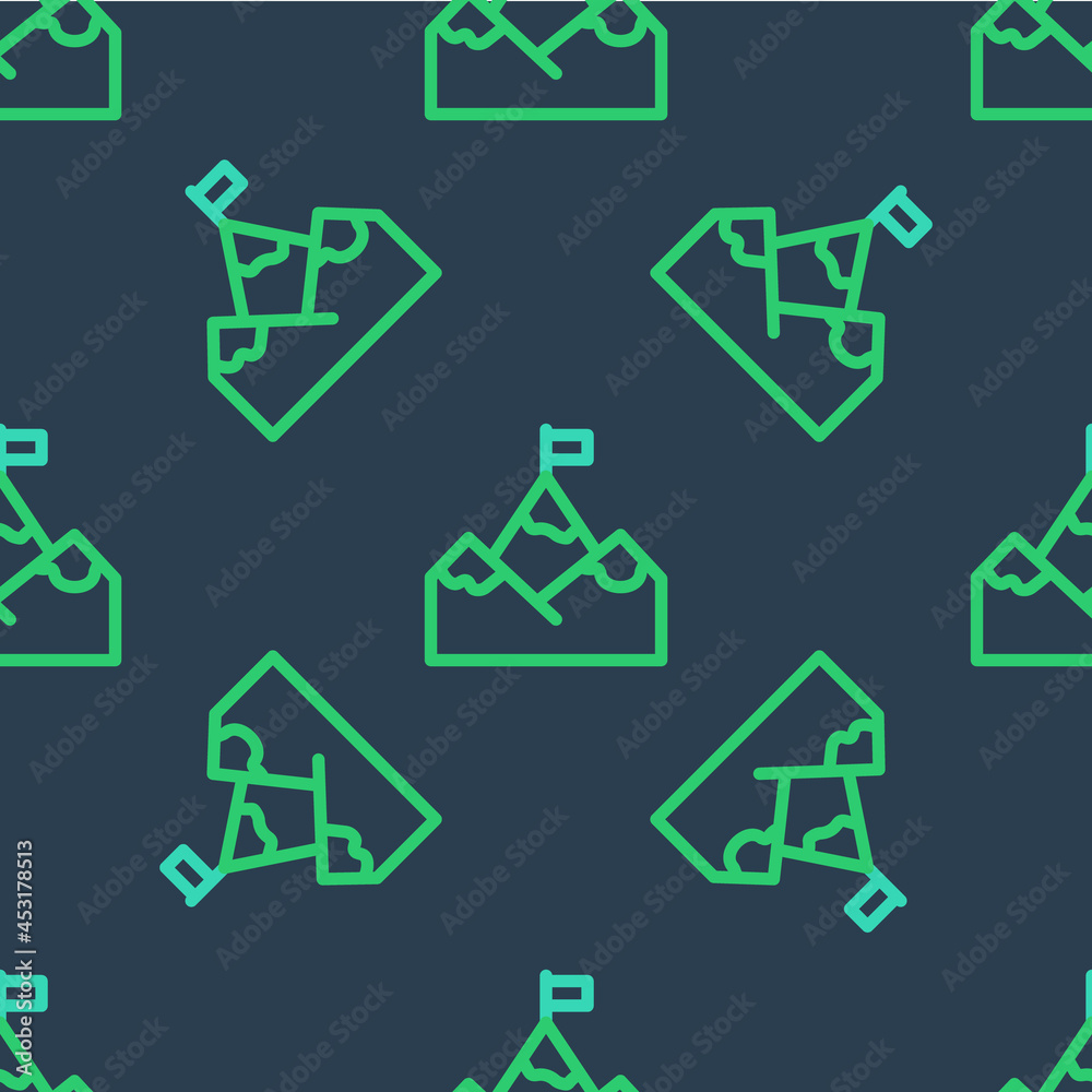 Line Mountains with flag on top icon isolated seamless pattern on blue background. Symbol of victory or success concept. Goal achievement. Vector