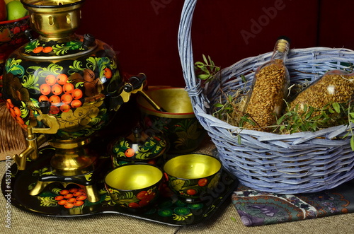 Traditional Russian Tea Ceremony with Ornate Khokhloma Samovar made as Water Source, Russian Samovar