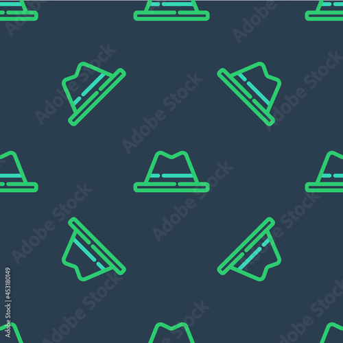 Line Man hat with ribbon icon isolated seamless pattern on blue background. Vector