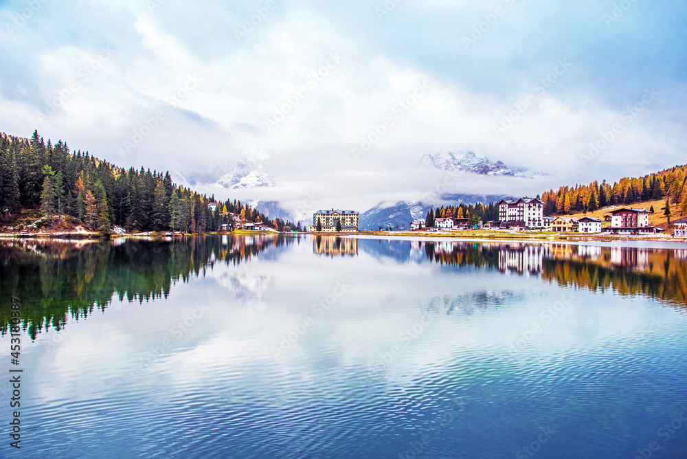 Dramatic magical beautiful autumn landscape with Lake Misurina in the Dolomites. National park Tre Cime di Lavaredo. Exotic amazing places. (meditation, relaxation, harmony - concept)