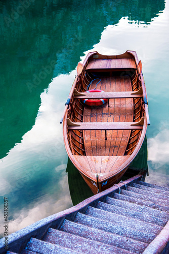 Obraz na płótnie Mystic boat on Fanes-Sennes-Braies natural park in the Dolomites in South Tyrol, Alps, Italy (solitude, the way to the Lord, harmony, abandonment, seclusion, intimity, depression – concept) w salonie