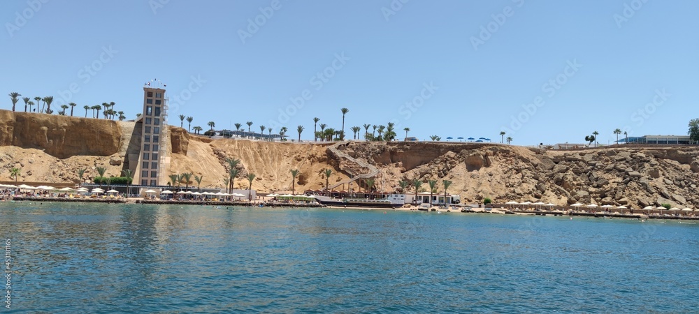 beautiful view from the sea to the coast of the red sea of Egypt