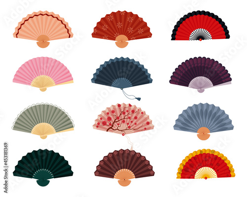 Hand fan set. Japanese  Spanish and Chinese style on fan. Vector isolated illustration on white background