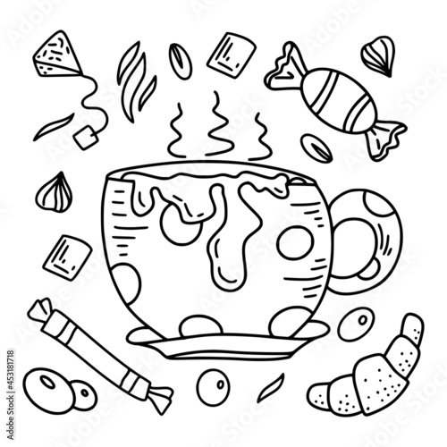 Cappuccino set in hand drawn style, tea, coffee, macchiato in different shapes and forms in black and white color isolated on white background. Vector illustration.