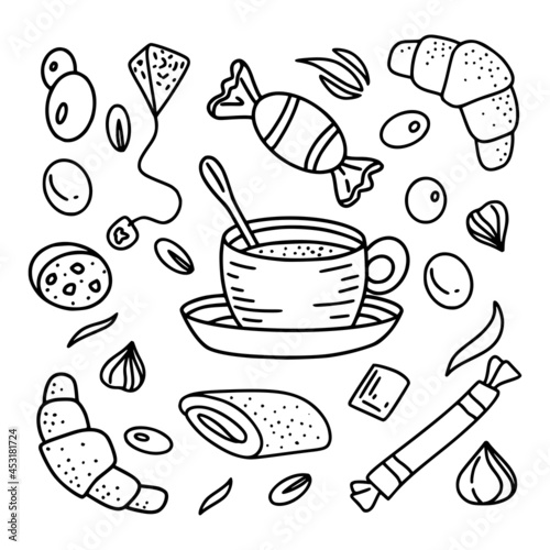 Espresso set in hand drawn style, tea, coffee, macchiato in different shapes and forms in black and white color isolated on white background. Vector illustration.