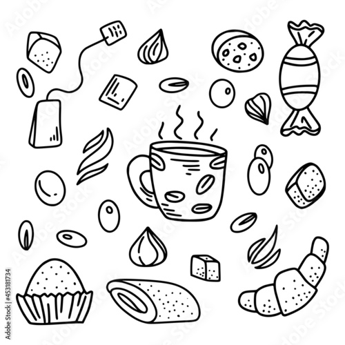 Flat white coffee set in hand drawn style, tea, coffee, macchiato in different shapes and forms in black and white color isolated on white background. Vector illustration.
