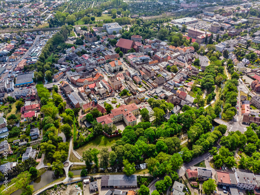 Sunny day in Koscian, city in wielkopolskie voivodenship aerial view - obrazy, fototapety, plakaty 