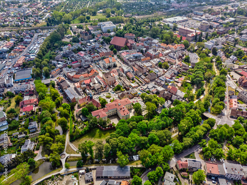 Sunny day in Koscian, city in wielkopolskie voivodenship aerial view