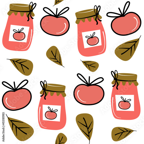 cute lovely autumn seamless vector pattern background illustration with fall leaves, jar with homemade apple jam and apples