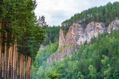 The beautiful nature of the South Urals. Tall pines and rocks of Russia. photo