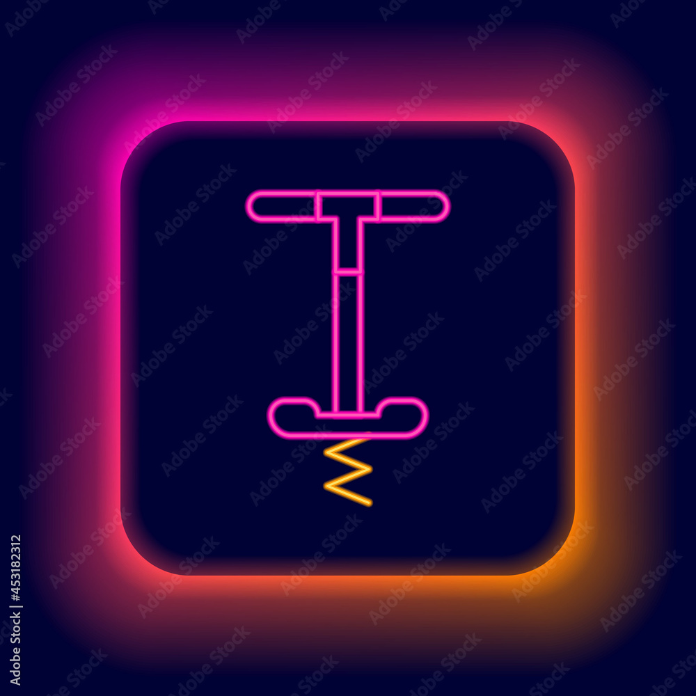 Glowing neon line Pogo stick jumping toy icon isolated on black background. Colorful outline concept. Vector Glowing neon line Pogo stick jumping toy icon isolated on black background. Colorful outline concept. Vector