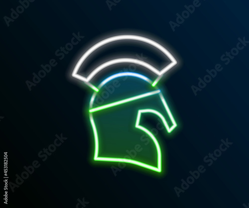 Glowing neon line Greek helmet icon isolated on black background. Antiques helmet for head protection soldiers with a crest of feathers or horsehair. Colorful outline concept. Vector