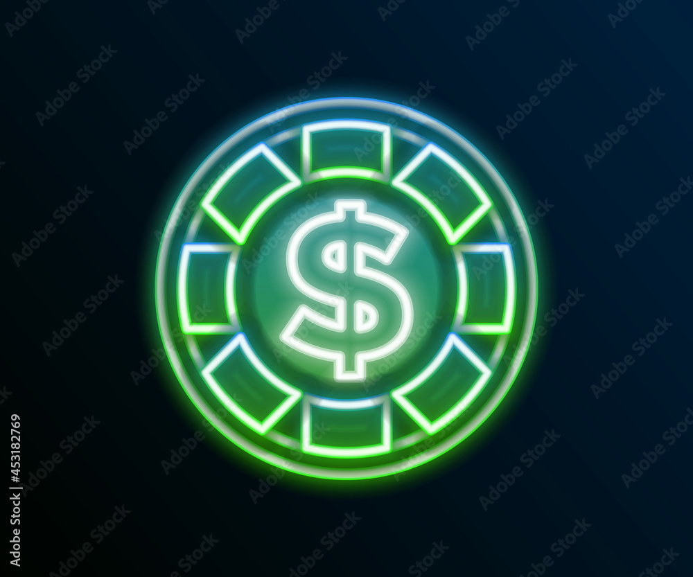 Glowing neon line Casino chip with dollar symbol icon isolated on black background. Casino gambling. Colorful outline concept. Vector Glowing neon line Casino chip with dollar symbol icon isolated on black background. Casino gambling. Colorful outline concept. Vector