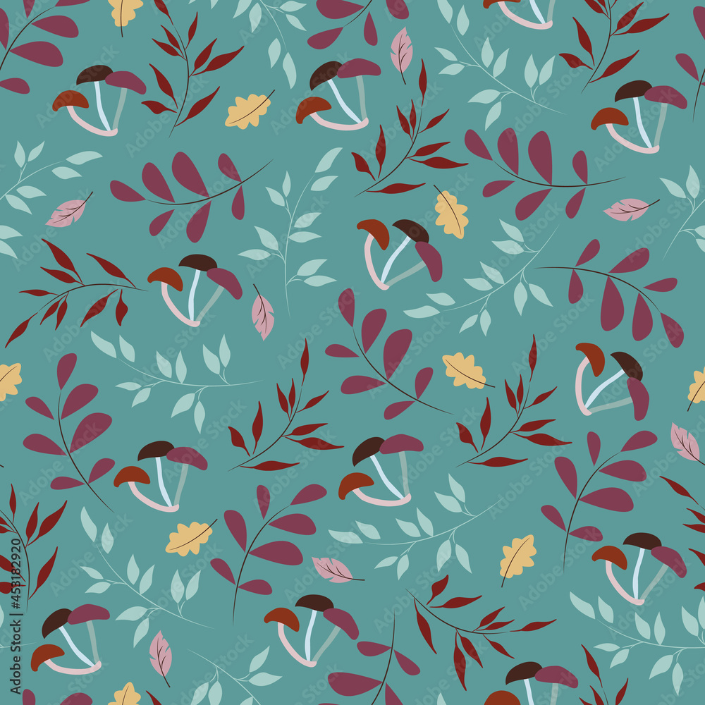 Seamless autumn pattern with mushrooms, oak leaves and branches isolated on pistachio background. Suitable for wallpaper, cover, package, packing, wrapping paper, textile, fabric. Vector illustration. Seamless autumn pattern with mushrooms, oak leaves and branches isolated on pistachio background. Suitable for wallpaper, cover, package, packing, wrapping paper, textile, fabric. Vector illustration.