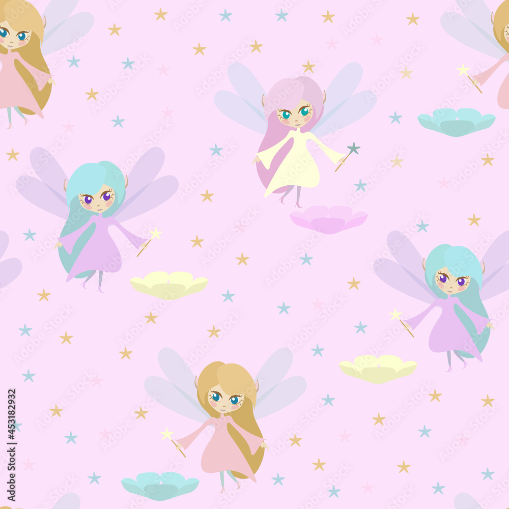 Seamless vector pattern with magic fairies and stars isolated on pink background. Suitable for textile, fabric, package, packing, wallpaper, cover, wrapping paper. 