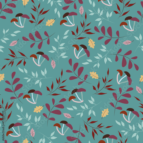Seamless autumn pattern with mushrooms, oak leaves and branches isolated on pistachio background. Suitable for wallpaper, cover, package, packing, wrapping paper, textile, fabric. Vector illustration.