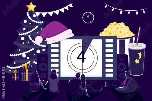 Christmas movie Young couple watching New year movie or TV on sofa in a christmas decorated interior of house Holidays decoration in living room vector illustration Best Christmas movies