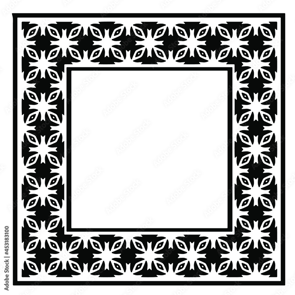 Black and white rectangle frame with linear border ornament, vector certificate template, decorative design element in retro style.