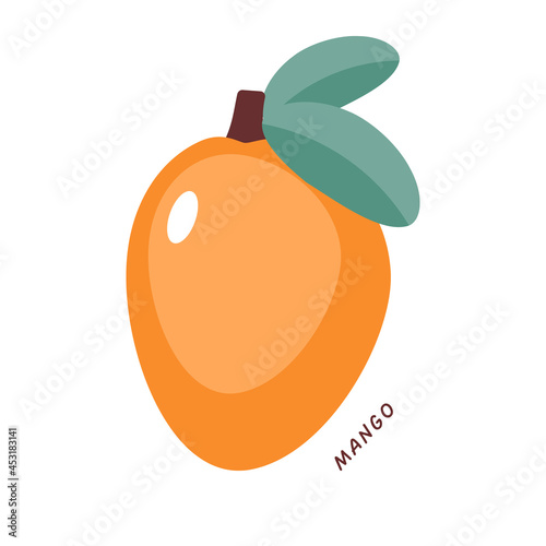 Orange mango isolated, flat vector clip art. Exotic fruit illustration on white background.