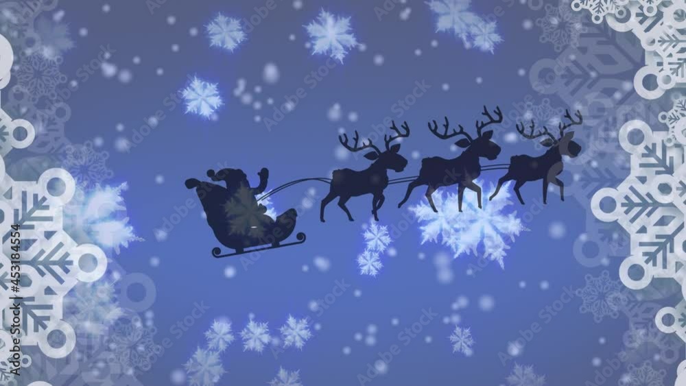 Animation of santa claus in sleigh with reindeer moving over falling snow Animation of santa claus in sleigh with reindeer moving over falling snow