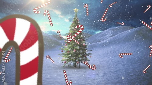 Animation of snow falling and candy canes over chritmas tree on winter landscape photo