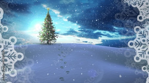 Animation of snow falling over chritmas tree on winter landscape photo