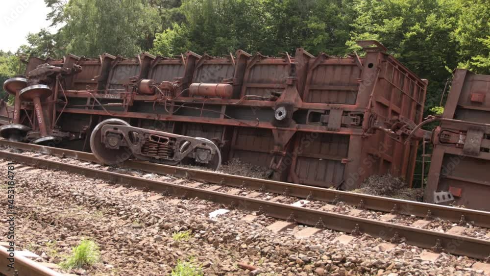 Train derailment. Damaged property rails after transport derailed, accident Train derailment. Damaged property rails after transport derailed, accident